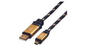 Cable, Wtyk USB A - Wtyk 5-stykowy USB Mini-B, 1.8m, USB 2.0, Czarny / złoty