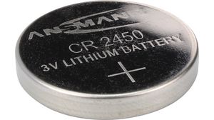 Button Cell Battery, Lithium, CR2450, 3V, 630mAh