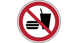 Znak bezpieczeństwa ISO - zakaz jedzenia i picia, Okrągły, Czarny / czerwony na białym, Poliester, Znak zakazu, 1szt.