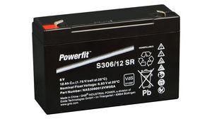 Oppladbart batteri, Blysyre, 6V, 12Ah, Flatstift, 6.3 mm
