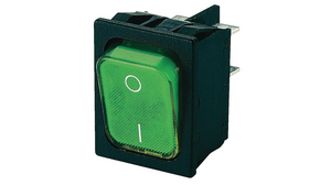 Rocker Switch, 10 A, 250V, ON-OFF, IP40, Black / Green