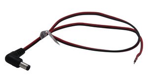 DC Connection Cable, 2.5x5.5x9.5mm Plug - Bare End, Angled, 500mm, Black / Red