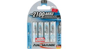 Rechargeable Battery, Ni-MH, AA, 1.2V, 2.1Ah, Pack of 4 pieces