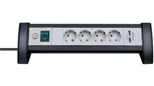 Stopcontactstrip, bureaumodel Premium Office-Line 4x DE-socket type F (CEE 7/3) / USB-A-aansluiting - DE-stekker type F (CEE 7/4) Lichtgrijs 1.8m