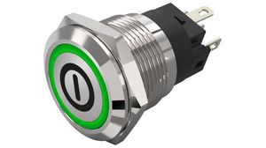 Illuminated Pushbutton Switch Momentary Function 1CO LED Green On / Off Symbol Soldering Connection