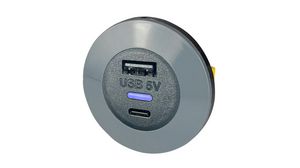 Laturi, etukiinnike, IP65, Car, 2x USB-A / USB-C, 3.6A, 13W, Black / Grey