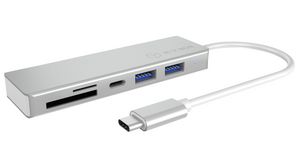 Multi-Port Adapter, USB-C Plug - USB-A Socket / USB-C Socket, Silver