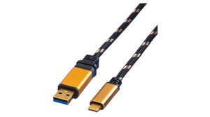 Cable, USB-A Plug - USB-C Plug, 1m, USB 3.0, Black / Gold