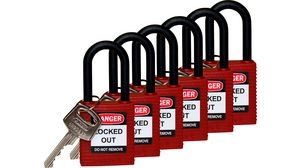 Safety Padlock, Nylon Shackle, Pack of 6, Red