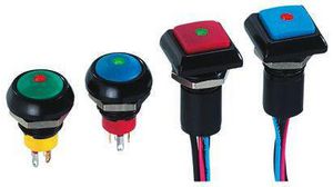 Illuminated Push Button Switch, Momentary, Panel Mount, 13.6mm Cutout, SPST, Green LED, 28V dc, IP67