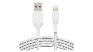 Fonott kábel, Apple Lightning - USB A dugó, 2m, Fehér