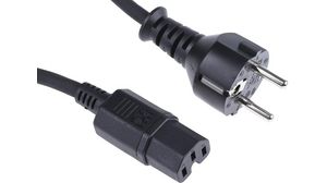 AC Power Cable, IEC 60320 C15 - DE/FR Type F/E (CEE 7/7) Plug, 2m, Black