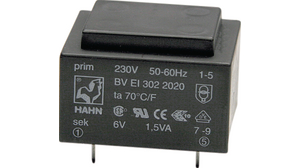 Transformateur pour cartes de circuits imprimés, 230 VAC, 12 VAC, 192mA, 2.3VA