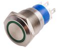 Illuminated Push Button Switch, Momentary, Panel Mount, 19.2mm Cutout, DPDT, Green LED, 250V ac, IP67