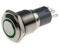 Illuminated Push Button Switch, Latching, Panel Mount, 16mm Cutout, SPDT, Green LED, 250V ac, IP65, IP67